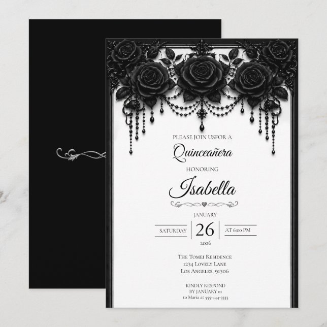 Elegant svart vit Quinceañera Inbjudningar (Fram/baksida)
