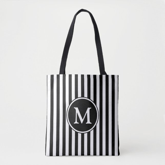 Elegant svart-vit randig monogram tygkasse (Framsida)