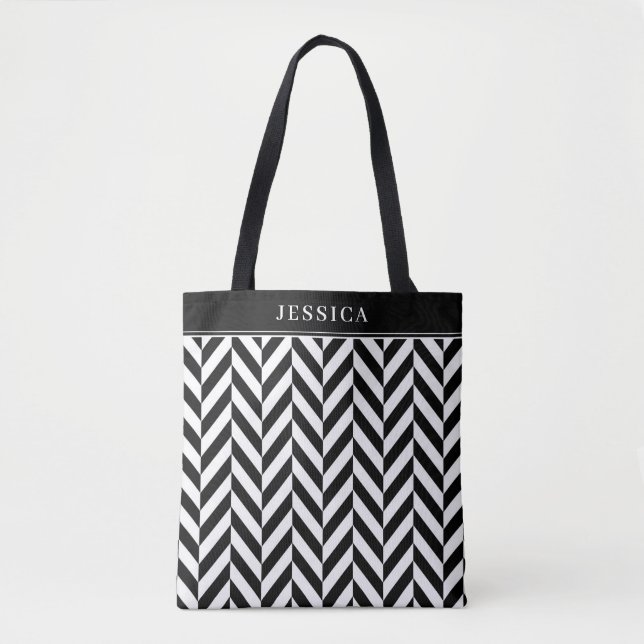 Elegant svart-vit randigt mönster namn tygkasse (Framsida)