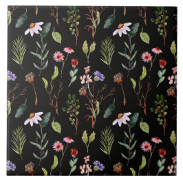 Elegant svart vit & rosa vildblomma akvarell kakelplatta