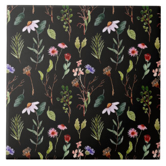 Elegant svart vit & rosa vildblomma akvarell kakelplatta