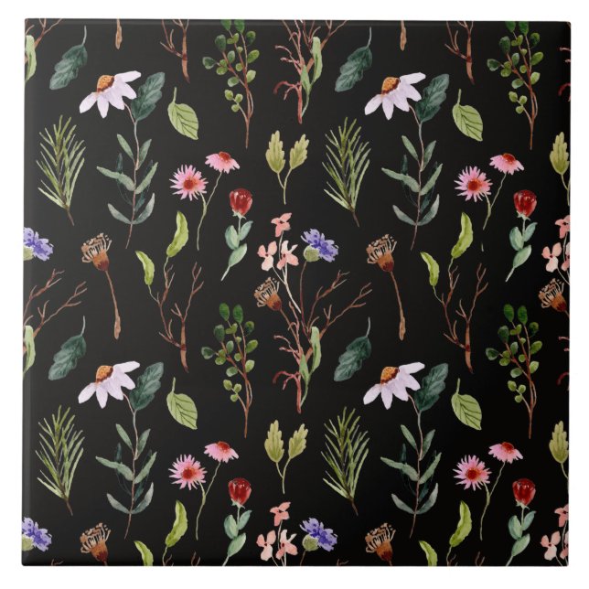 Elegant svart vit & rosa vildblomma akvarell  kakelplatta (Framsidan)
