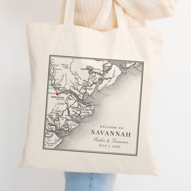 Elegant svart vit Savannah Georgia kartbröllop Tygkasse (Elegant Savannah Georgia Custom Wedding Tote Bag with personalized black and white map)