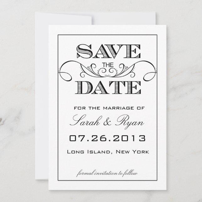 Elegant svart-vit Save the Date-inbjudan Spara Datumet (Framsida)