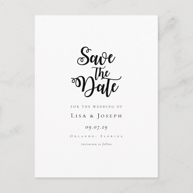 Elegant svart-vit Save the Date-skript Meddelande Vykort (Framsida)