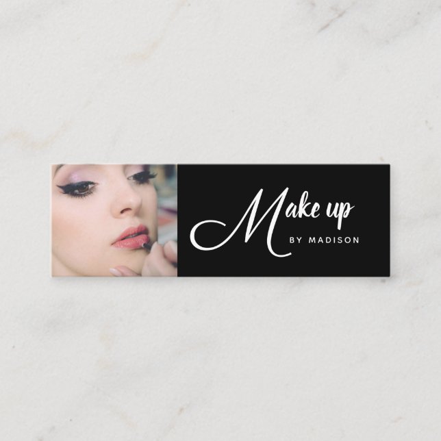 Elegant svart vit script foto smink mini visitkort (Framsida)