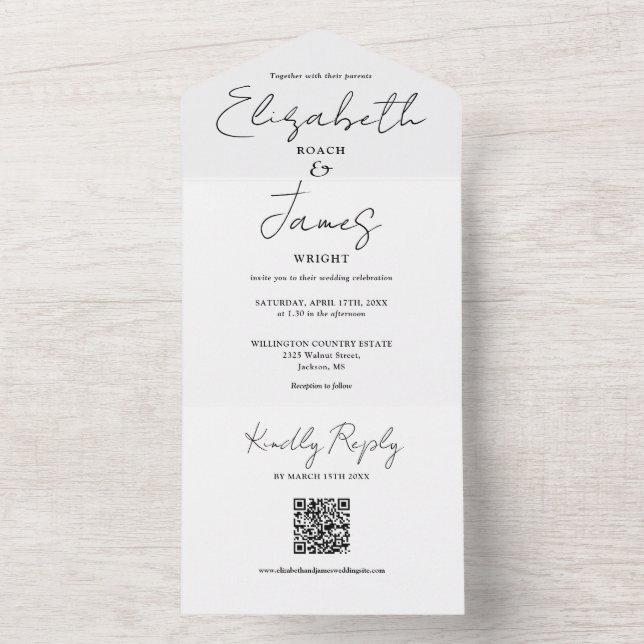 Elegant svart-vit script QR-kod bröllop (Insida)