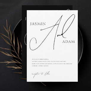 Elegant svart vit skript typografi bröllop inbjudningar