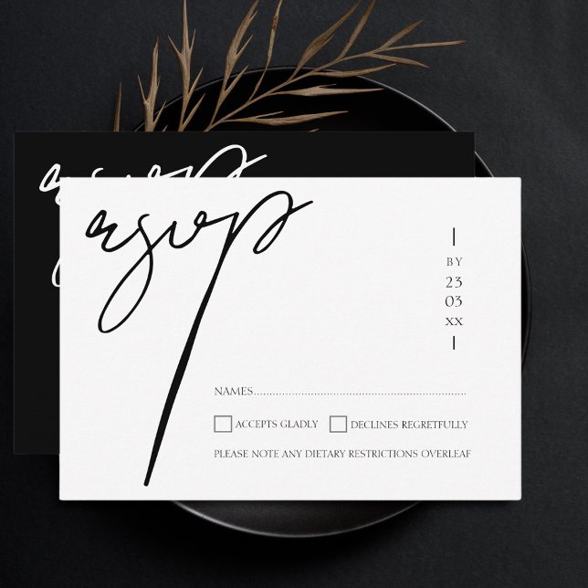 Elegant svart vit skript typografi bröllop OSA kort (Skapare uppladdad)