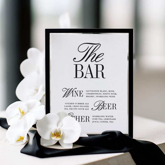Elegant svart & vit skylt för bröllopsbaren (Elegant Black & White Wedding Bar Sign)