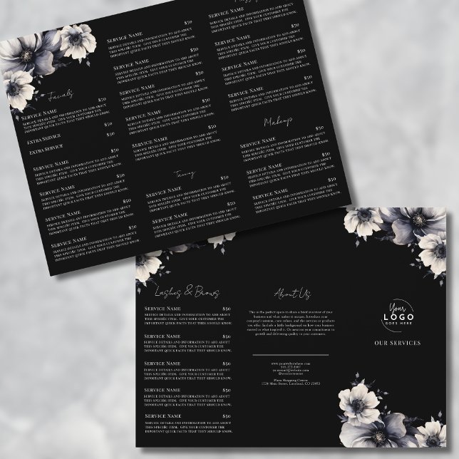 Elegant Svart Vit Spa Service Meny Broschyr (Elegant Black White Spa Services Menu Tri-Fold Flyer)