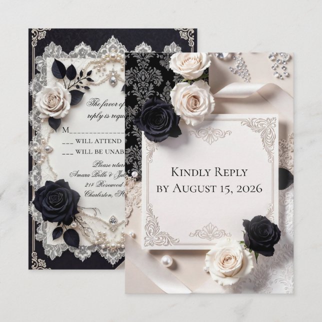 Elegant svart vit spets bröllops RSVP-kort OSA Kort (Fram/baksida)