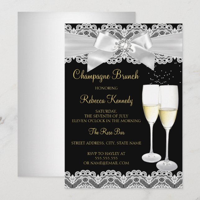 Elegant svart vit spets Champagne Brunch-inbjudan Inbjudningar (Fram/baksida)