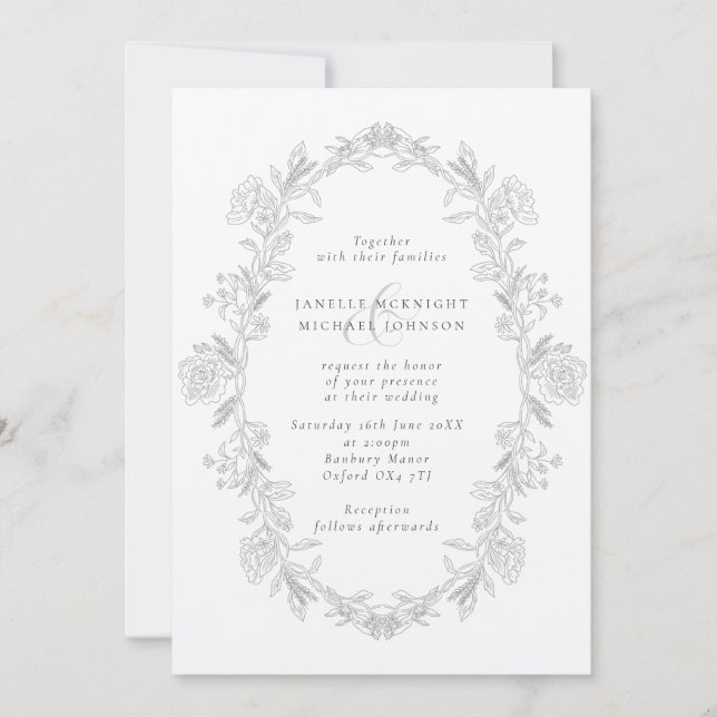Elegant svart & vit Toile blomsterkrans bröllop Inbjudningar (Framsida)