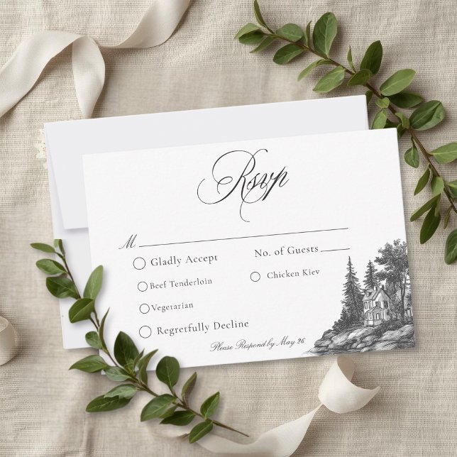 Elegant svart vit Toile fransk herrgård bröllop OSA Kort (Elegant Black White Toile French Manor Wedding RSVP Card)