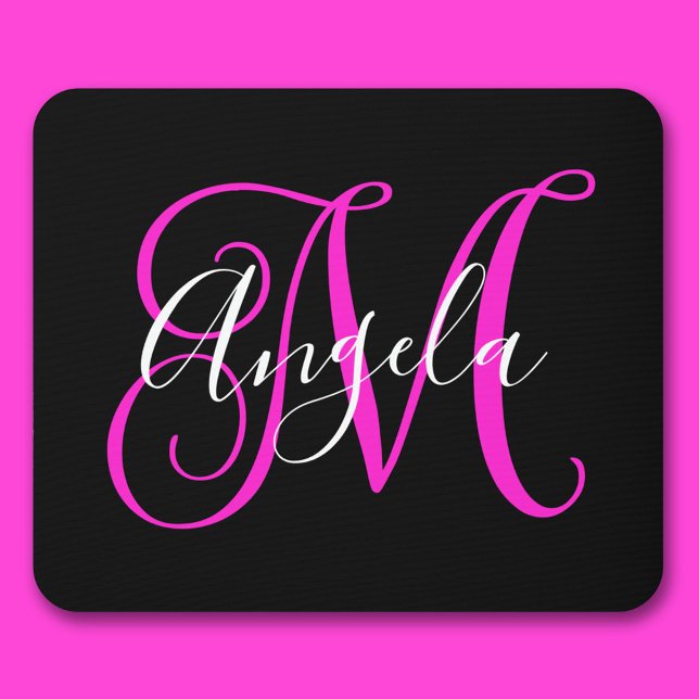 Elegant svart-vit varmgrand monogram musmatta (Elegant Script Black White Hot Magenta Monogram Mouse Pad)