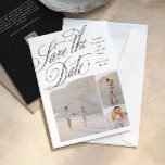 Elegant svart-vit vigselfoto i tre delar spara datumet<br><div class="desc">Denna eleganta save the date-kort med tre fotografier för bröllop har en vacker "save the date"-skripttypsbehandling, enkel anpassad text och en kollage av ett stort och två mindre foton. Denna vackra save the date-design är ett bra sätt att dela bilder från förlovningen och berätta detaljer om brölloppet för familj och...</div>