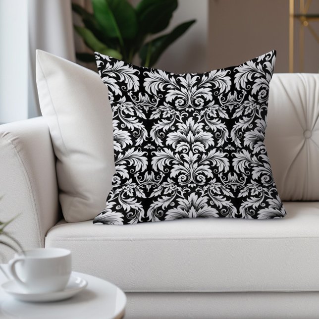 Elegant svart vit vintage damask kudde (Elegant vintage black and white damask decorator pillow)