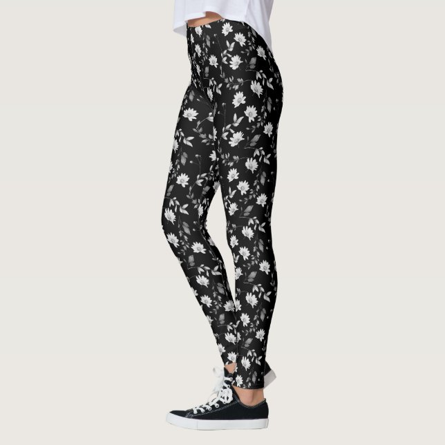 Elegant Svart Vitt Akvarell Blommig Leggings (Vänster)