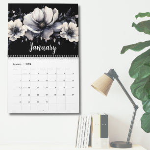 Elegant Svart Vitt Akvarell Blommotiv Kalender
