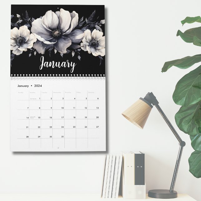 Elegant Svart Vitt Akvarell Blommotiv Kalender (Chic Elegant Black White Watercolor Floral Calendar)