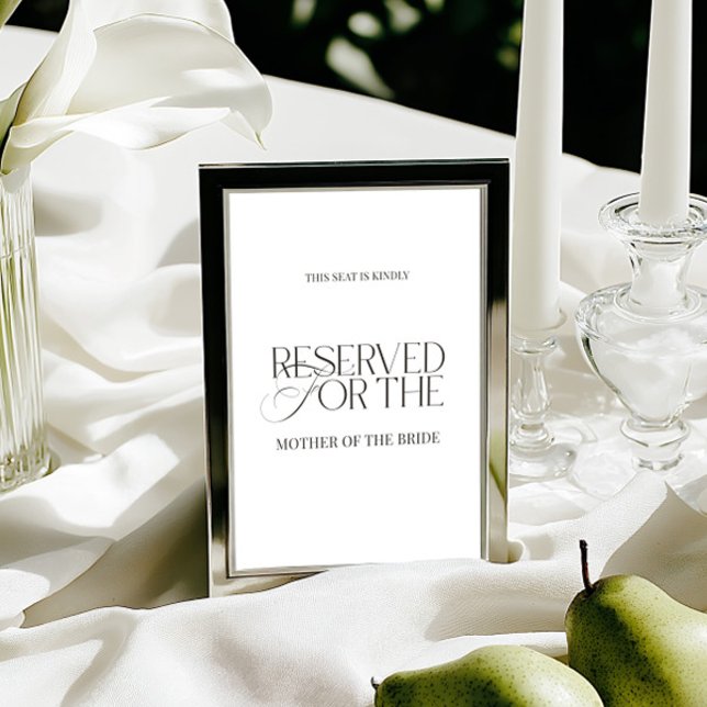 Elegant Svart & Vitt Bröllops Reserverad Platsskyl Kort (Elegant Black & White Wedding Reserved Seat Sign Card)