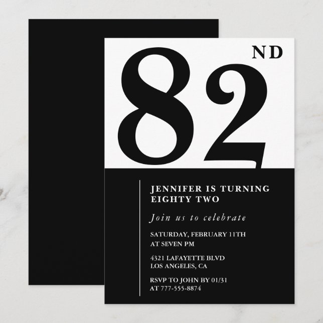 Elegant svart vitt för hennes 82-årsdag inbjudningar (Fram/baksida)