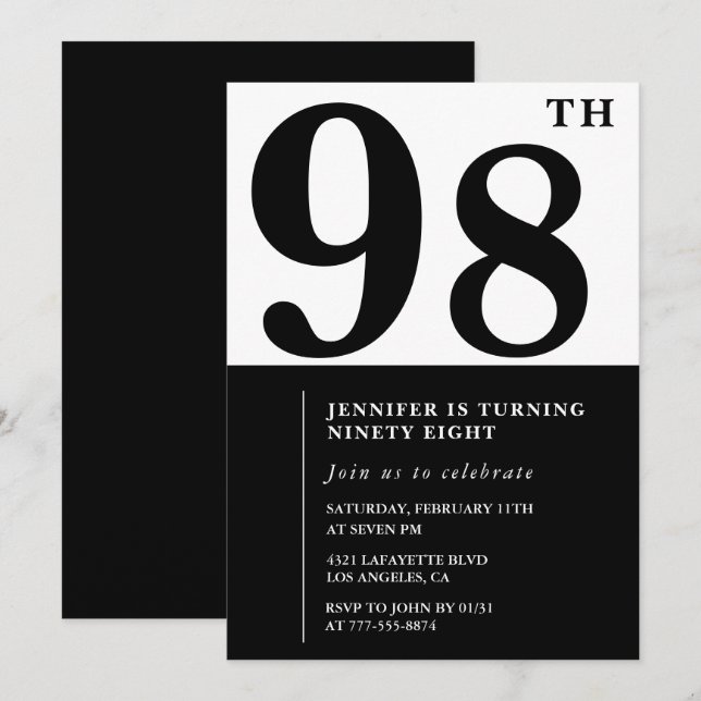 Elegant svart vitt för hennes 98-årsdag inbjudningar (Fram/baksida)