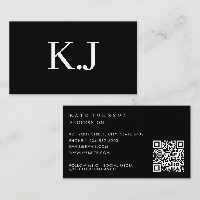 Elegant Svart Vitt Minimalist QR-kod Monogram Visitkort (Fram/baksida)