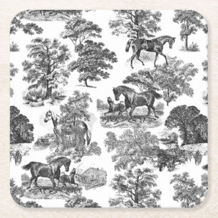 Elegant Svart Vitt Rustika Häst Toile Underlägg Papper Kvadrat
