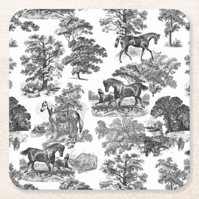 Elegant Svart Vitt Rustika Häst Toile Underlägg Papper Kvadrat (Framsidan)