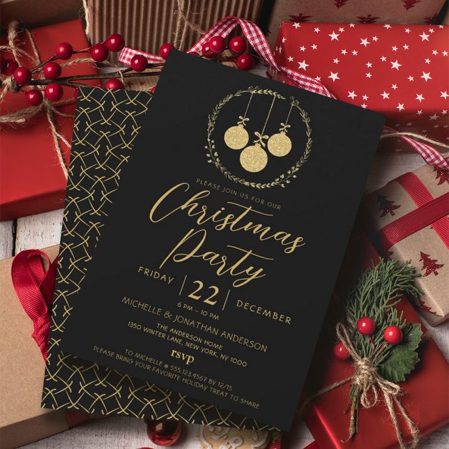 Elegant Svarta Guld-Glitter-utandningstjuren i Par Inbjudningar (Elegant Black Gold Glitter Wreath Christmas Party Invitation)