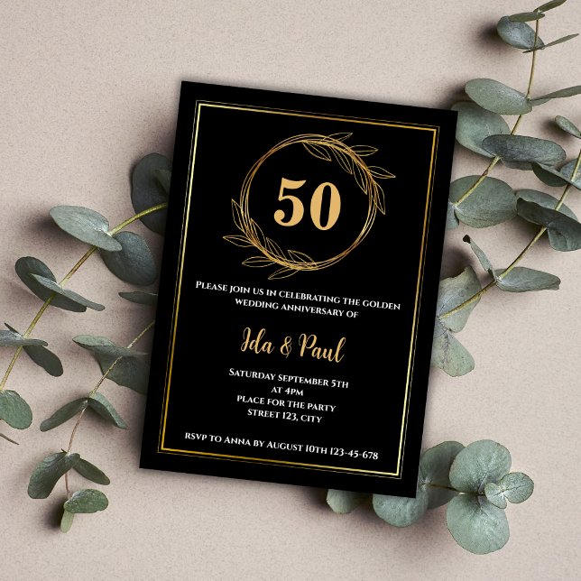 Elegant Svarta Guld Löv 50:e Bröllop-årsdagen Inbjudningar (Elegant Black Gold Leaf 50th Wedding Anniversary Invitation)