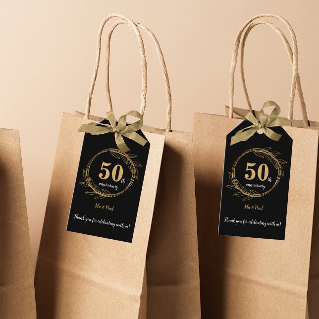 Elegant Svarta Guld Löv 50:e Bröllop-årsdagen Presentetikett (Elegant Black Gold Leaf 50th Wedding Anniversary Gift Tags)
