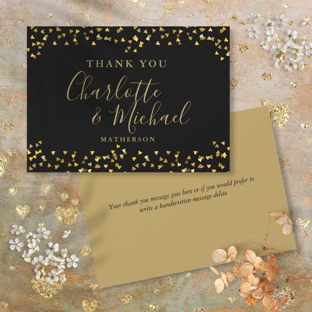 Elegant svarta guldhjärtkonfetti och namntecknings tack kort (Chic Black Gold Hearts Confetti Signature Script Thank You Card)