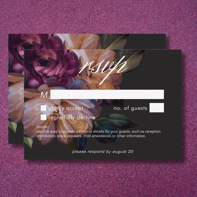 Elegant Svarta Moody Blommigten Bröllop Ingen midd OSA Kort (Elegant Black Moody Floral Wedding No Dinner RSVP Card)