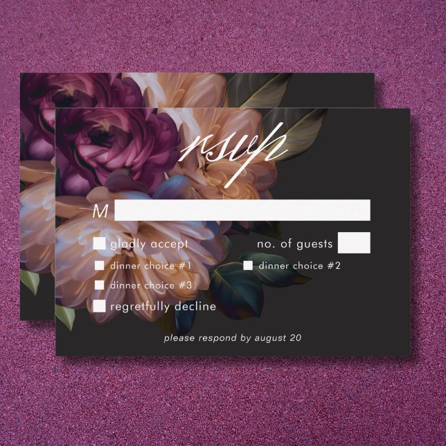 Elegant Svarta Moody Blommigten Bröllop, tre midda OSA Kort (Elegant Black Moody Floral Wedding Three Dinner RSVP Card)