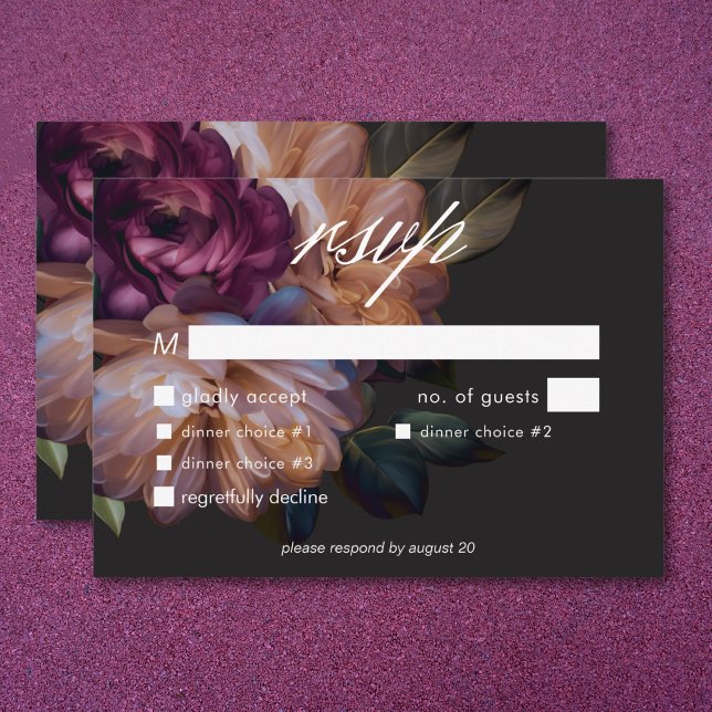 Elegant Svarta Moody Blommigten Bröllop, tre midda OSA Kort (Elegant Black Moody Floral Wedding Three Dinner RSVP Card)