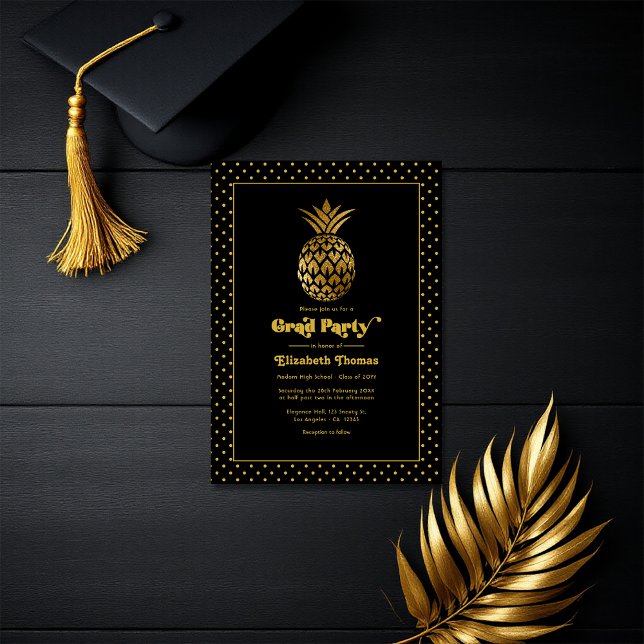 Elegant Svarta och Guld ananas Studentfest Inbjudningar (Elegant Black and Gold Pineapple Graduation Party Invitation)