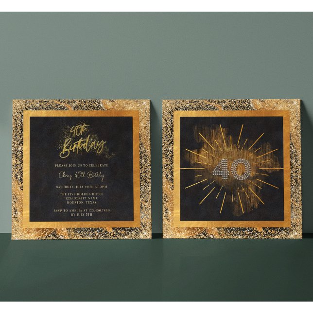 Elegant Svarta och Guld Glitter 40:e födelsedag Pa Inbjudningar (Skapare uppladdad)
