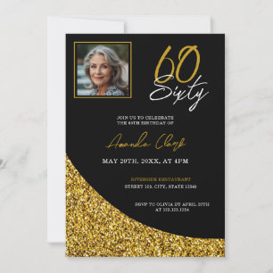 Elegant Svarta och Guld Glitter 60:e födelsedag Inbjudningar