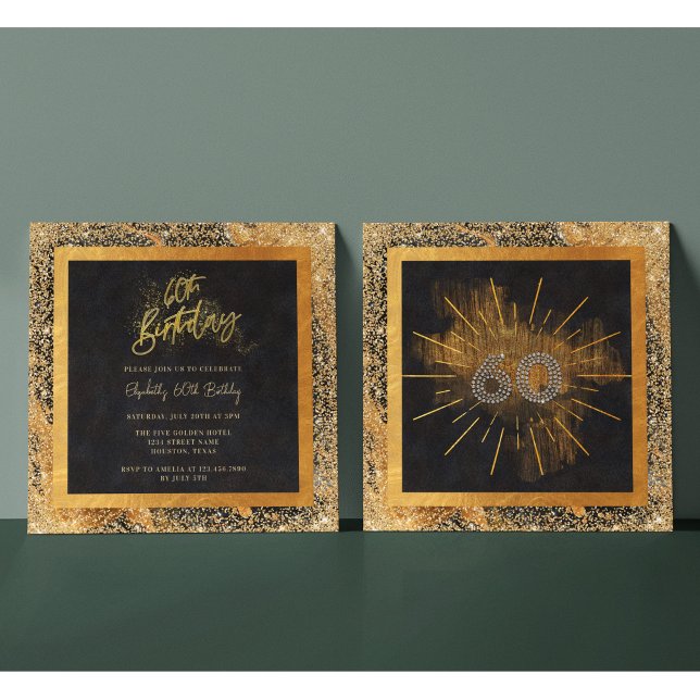 Elegant Svarta och Guld Glitter 60:e Födelsedagsfe Inbjudningar (Skapare uppladdad)