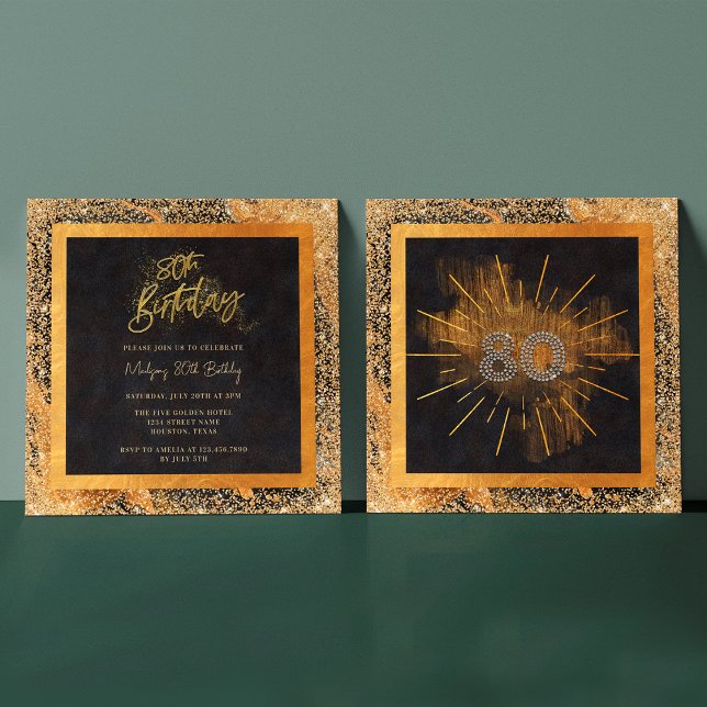 Elegant Svarta och Guld Glitter 80:e Födelsedagsfe Inbjudningar (Front / Back)