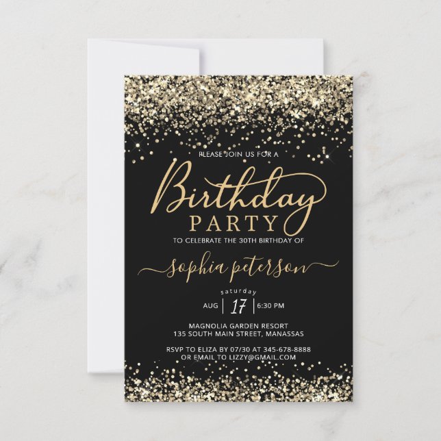 Elegant Svarta och Guld Glitter vid födelsedag Inbjudningar (Framsida)