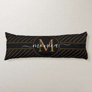 Elegant Svarta och Guld-stripe Monogram Namn Kroppskudde