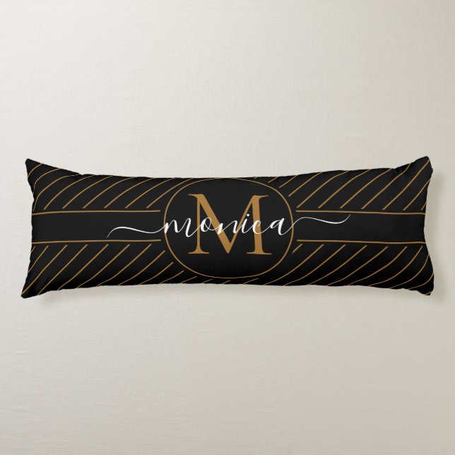 Elegant Svarta och Guld-stripe Monogram Namn Kroppskudde (Framsidan)