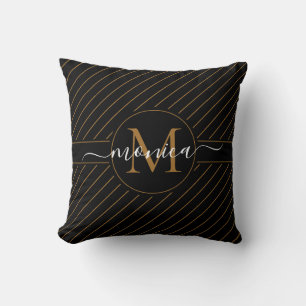 Elegant Svarta och Guld-stripe Monogram Namn Kudde