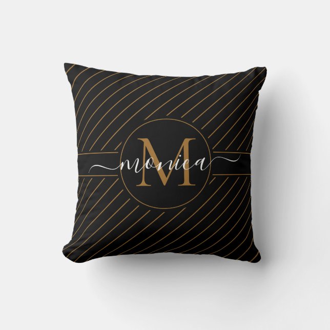 Elegant Svarta och Guld-stripe Monogram Namn Kudde (Framsida)