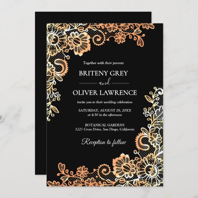 Elegant Svarta och Ro Guld Blommigt Snöre Bröllop Inbjudningar (Fram/baksida)