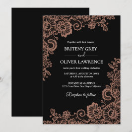 Elegant Svarta och Ro Guld Blommigt Snöre Bröllop Inbjudningar